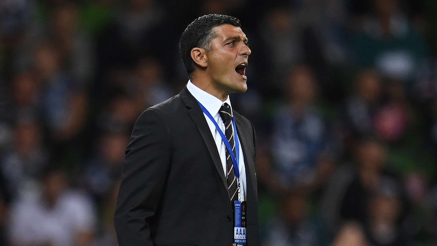 Brisbane Roar coach John Aloisi yells in A-League game with Melbourne Victory on January 13, 2017.
