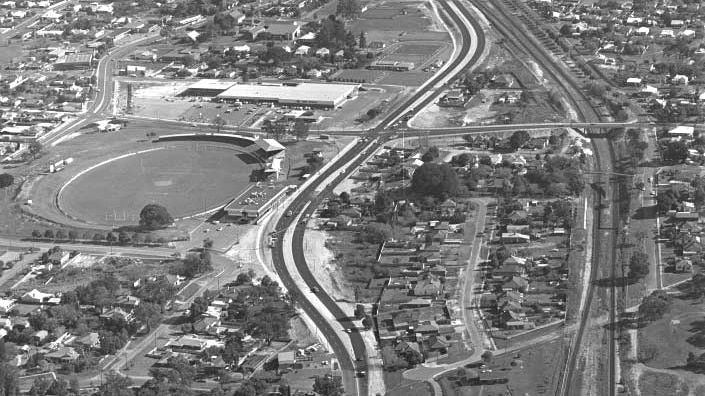 A dual carriage by-pass of Bassendean on Guildford Road near the railway station, 15 July 1977