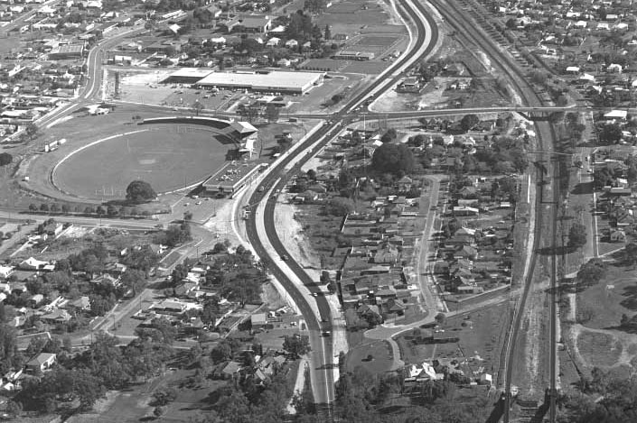 A dual carriage by-pass of Bassendean on Guildford Road near the railway station, 15 July 1977