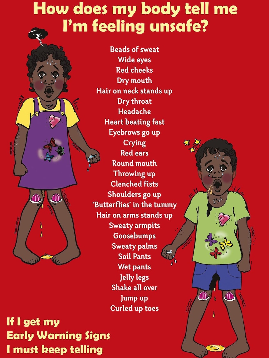 A poster with two children describing feelings of being scared through images and text.