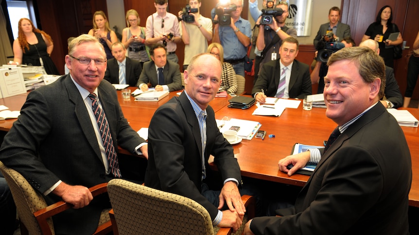 Queensland Premier elect Campbell Newman and his right-hand men Jeff Seeney (left) and Tim Nicholls. (AAP: Dan Peled)