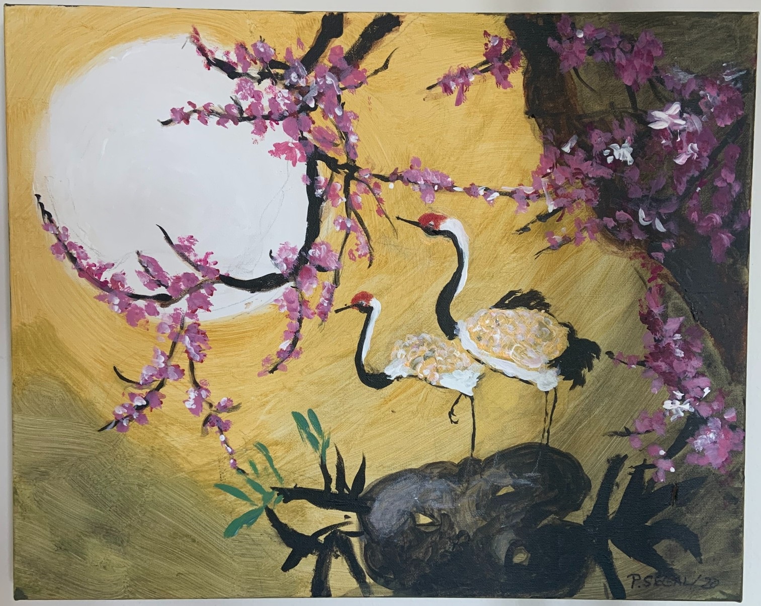 A painting with a gold background showing two red and white birds looking at a moon framed by pink cherry blossom flowers