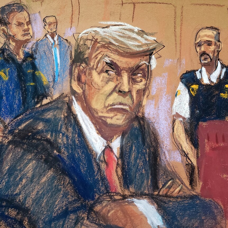 A court sketch of Donald Trump 