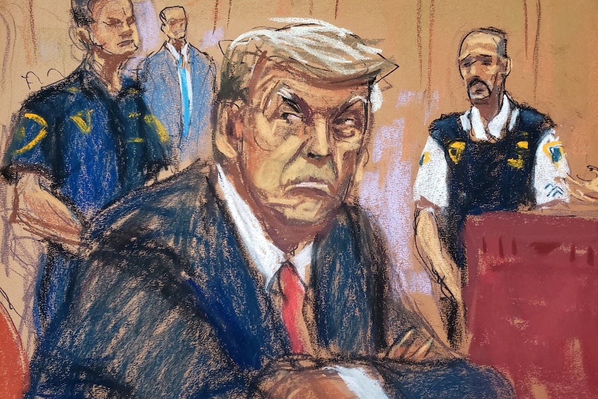 A court sketch of Donald Trump