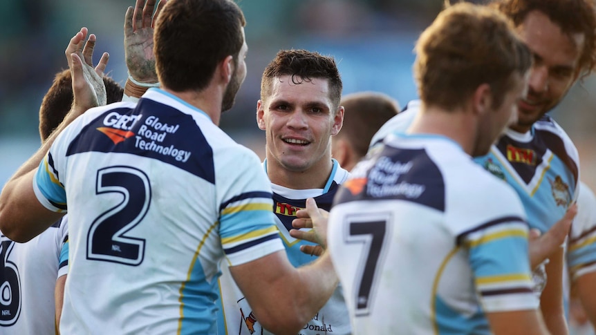 James Roberts congratulated after scoring try against Eels