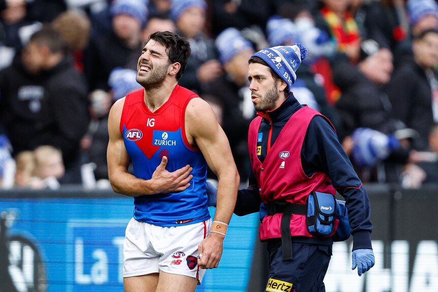 Christian Petracca grimaces and holds his ribs as he his led by the arm off the field by a Melbourne Demons trainer.
