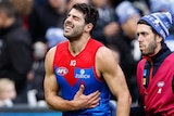 Christian Petracca grimaces and holds his ribs as he his led by the arm off the field by a Melbourne Demons trainer.