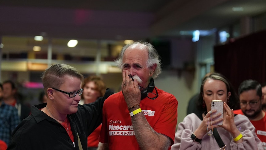 A Labor supporter is crying at Zaneta Mascarenhas election event