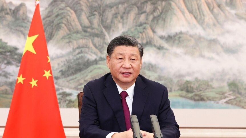 A man sits at a desk in front of microphones with a Chinese landscape painting and flag behind him