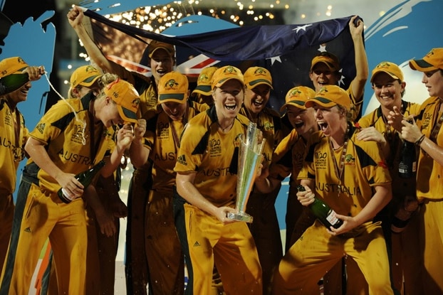 The victorious Australian side after defeating New Zealand in the final of the 2011 T20 World Cup played in the West Indies.