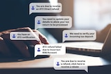 Text bubbles displaying common text scams overlaid over an image of a person on a laptop.
