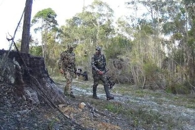 two men walk through bushland with compound bows