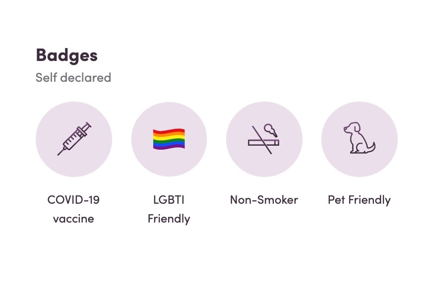 A screenshot of four "badges", labelled COVID-19 vaccine, LGBTI Friendly, Non-Smoker and Pet Friendly.
