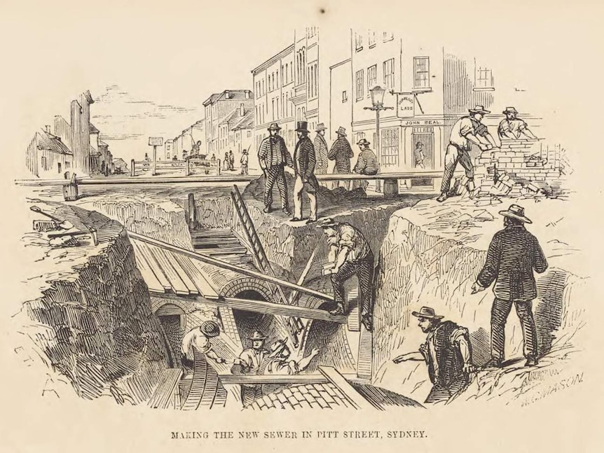 A painting of several men working beneath a city street