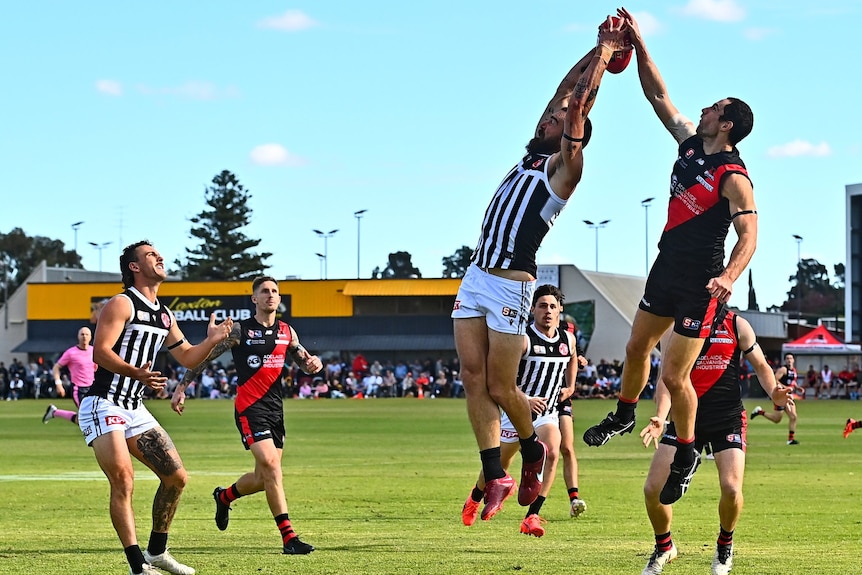 Charlie Dixon goes up for a mark, blue skies, footballers around, big arm stretch, black and white guernsey