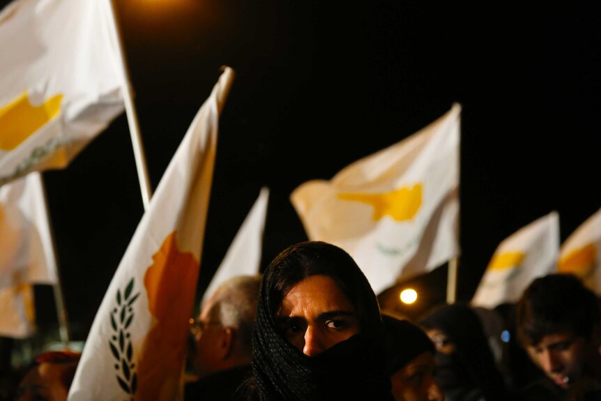 Cypriot protesters fly flags outside parliament