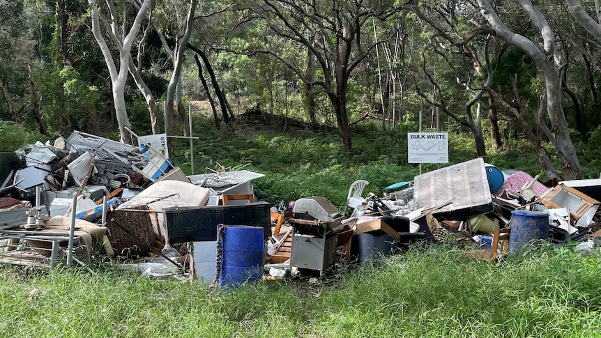 Assorted waste at a landfill in a green forest area, with a sign saying bulk waste.