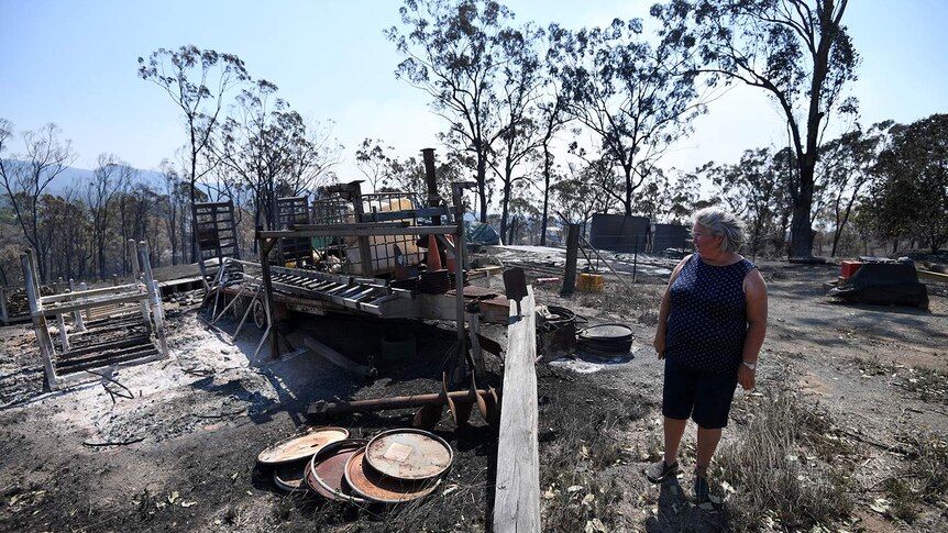 Resident Jeanette Schwindt looks at damage to her property at Mount Larcom after bushfires.