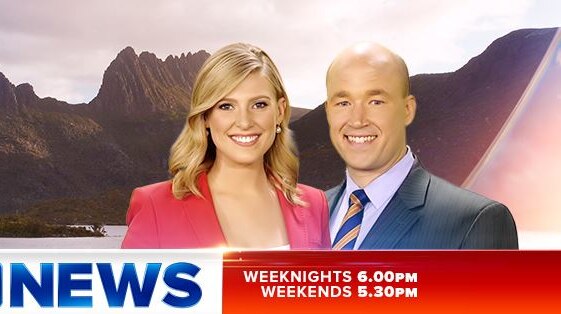 WIN News Tasmania presenters Lucy Breaden and Brent Costelloe, in a promotional image.