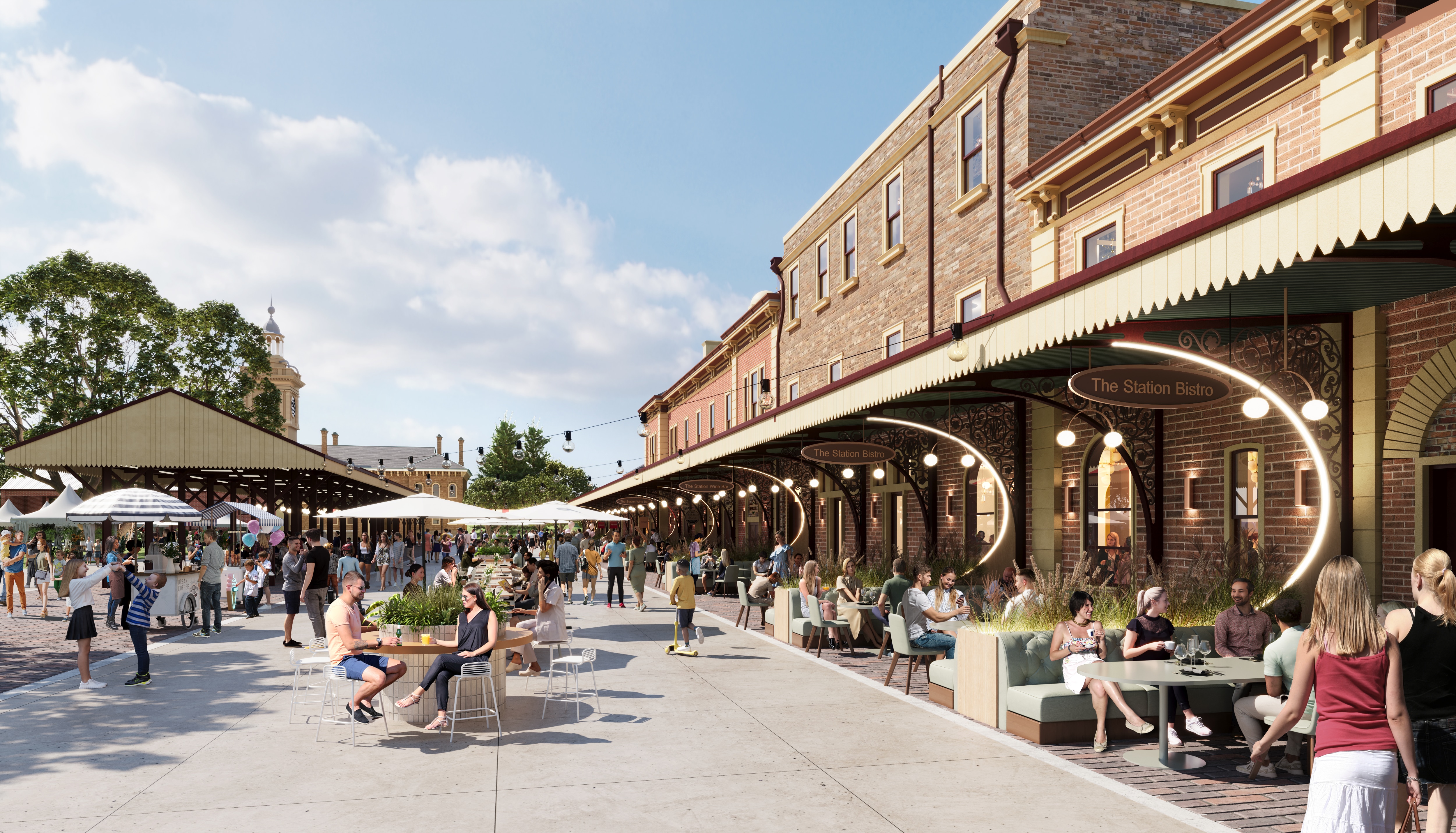 People sitting at tables in busy tourism location