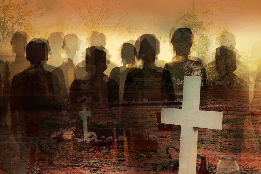 A composite image of silhouettes of children overlaid with crosses at a cemetary