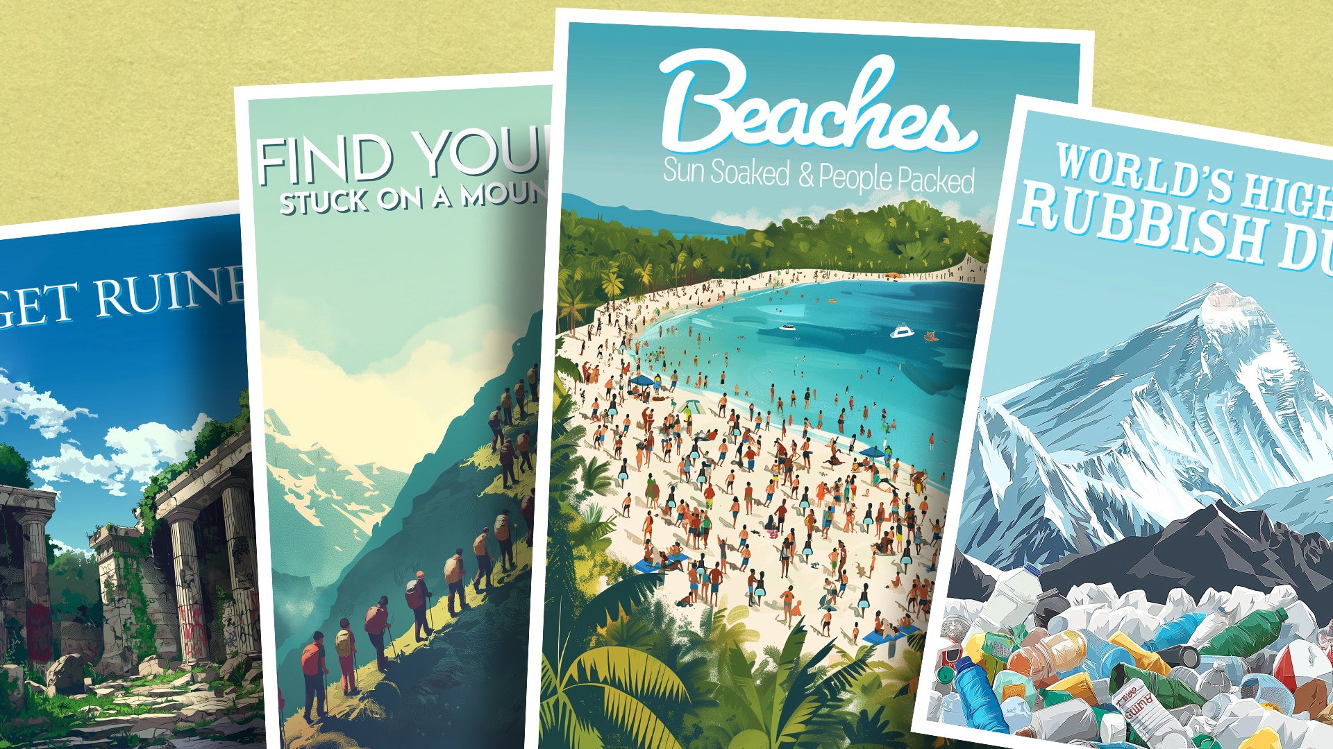 Posters of troubled tourist destinations like World Highest Rubbish Dump and Get Ruined.