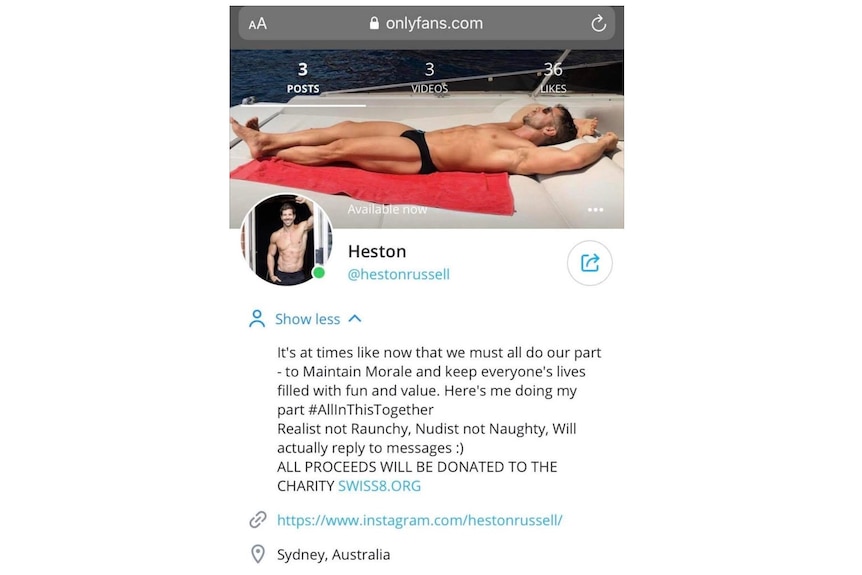 A screenshot of Heston Russell's OnlyFans profile showing a man in speedos lying on a red towell.