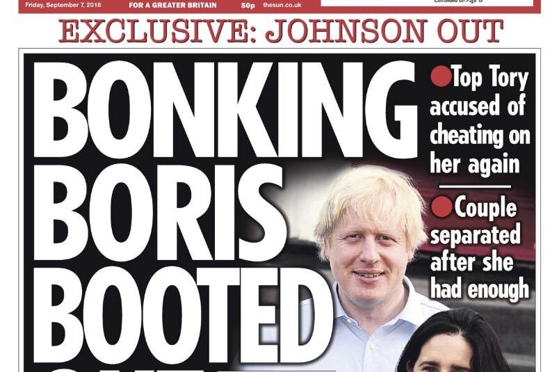 Front page of The Sun with the headline "Bonking Boris booted out by wife"