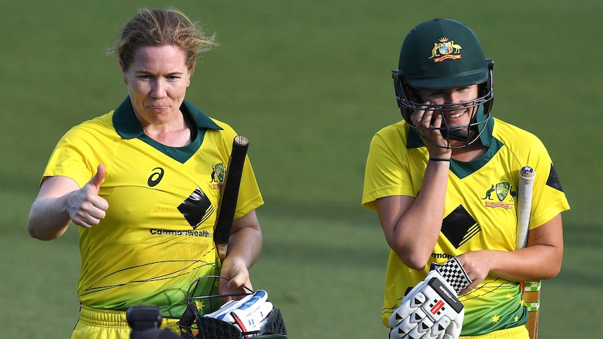 Australia's Alex Blackwell (L) and Jess Jonassen after the first Women's Ashes ODI against England.