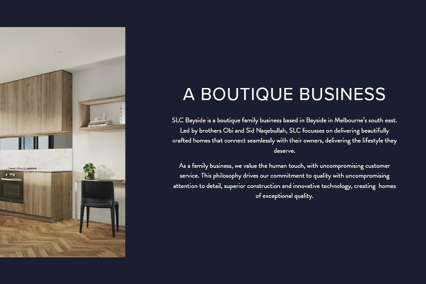 A screenshot from the website of a Melbourne construction company, describing it as a "boutique business".