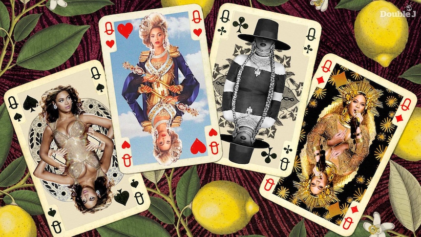 Four illustrated images of Beyoncé's most iconic looks, set on the queen of spades, hearts, clubs & diamonds playing cards