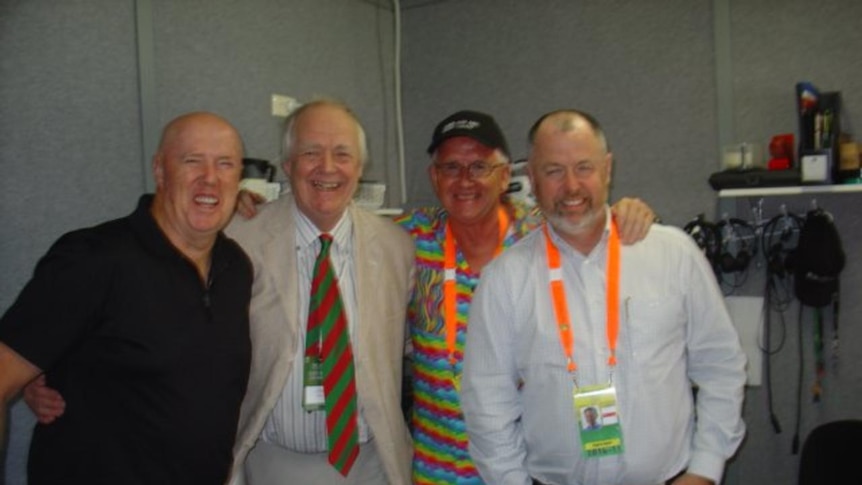 End of an era ... Glenn Mitchell (far right, with commentary cohorts Kerry O'Keeffe, Sir Tim Rice and Peter Walsh) is leaving the ABC after 22 years.