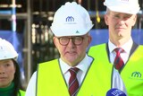 Albanese wearing a white hard hat and yellow vest flanked by two others in the same outfit