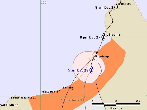 The map shows the cyclone's path, passing right over Bidyadanga on the coast.