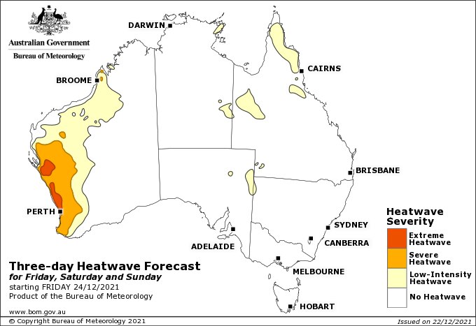 Map of Australia with red and yellow stretching down the west coast indicating heatwave for Friday-Sunday
