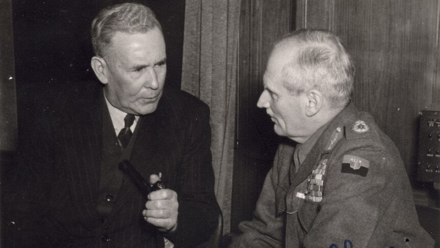 A black and white photo of Ben Chifley with Field Marshall Montgomery in 1947.