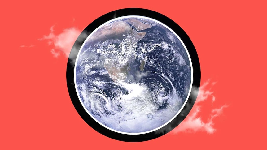 Red background with photo of the earth outlined in black. Clouds floating across front.