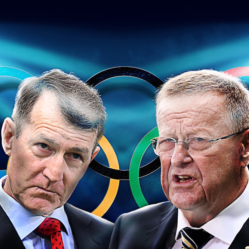 Graham Quirk (AAP) and John Coates (ABC) head shots in front of an Olympic ring logo and stadium lights.