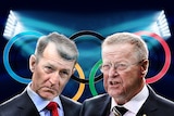 Graham Quirk (AAP) and John Coates (ABC) head shots in front of an Olympic ring logo and stadium lights.