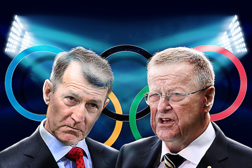 Graham Quirk (AAP) and John Coates (ABC) head shots in front of an Olympic ring logo and stadium lights.