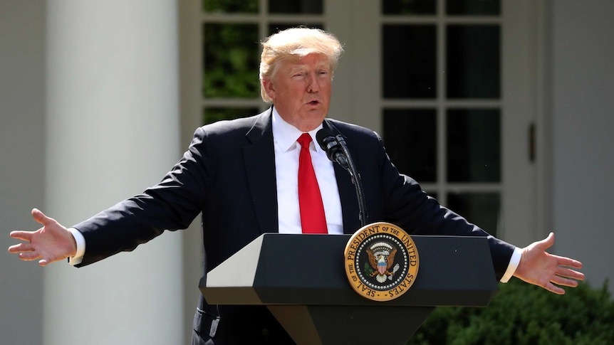 Donald Trump throws his arms out wide as he speaks outside the White House.