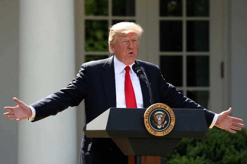 Donald Trump throws his arms out wide as he speaks outside the White House.