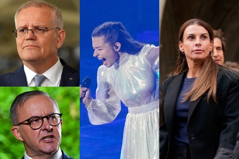 composite image of seperate pictures of scott morrison and anthony albanese, eurovision contestant singing, colleen rooney