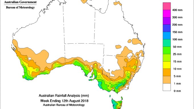 Rainfall map of Australia green areas in the south show rain of up to 100mm over the last week