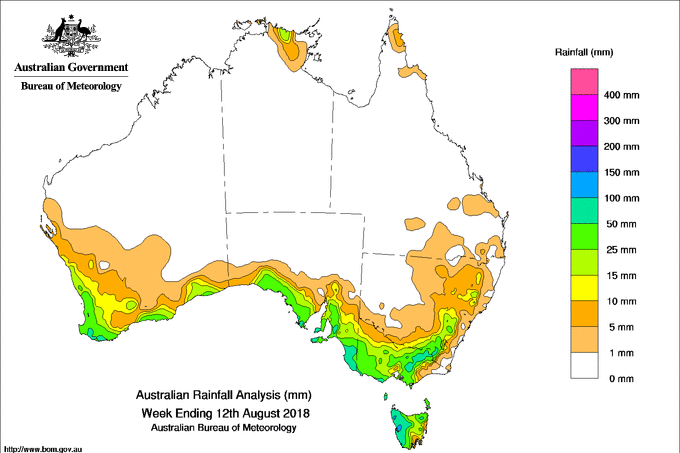 Rainfall map of Australia green areas in the south show rain of up to 100mm over the last week