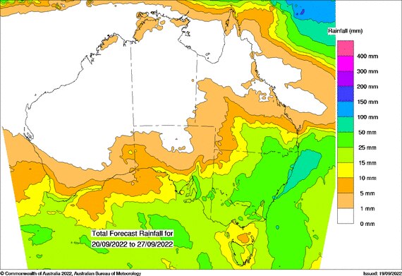 Green and yellow over south-east of Aus indicating much of the NSW east in particular expecting 25-50mm from 20 -27 Sep