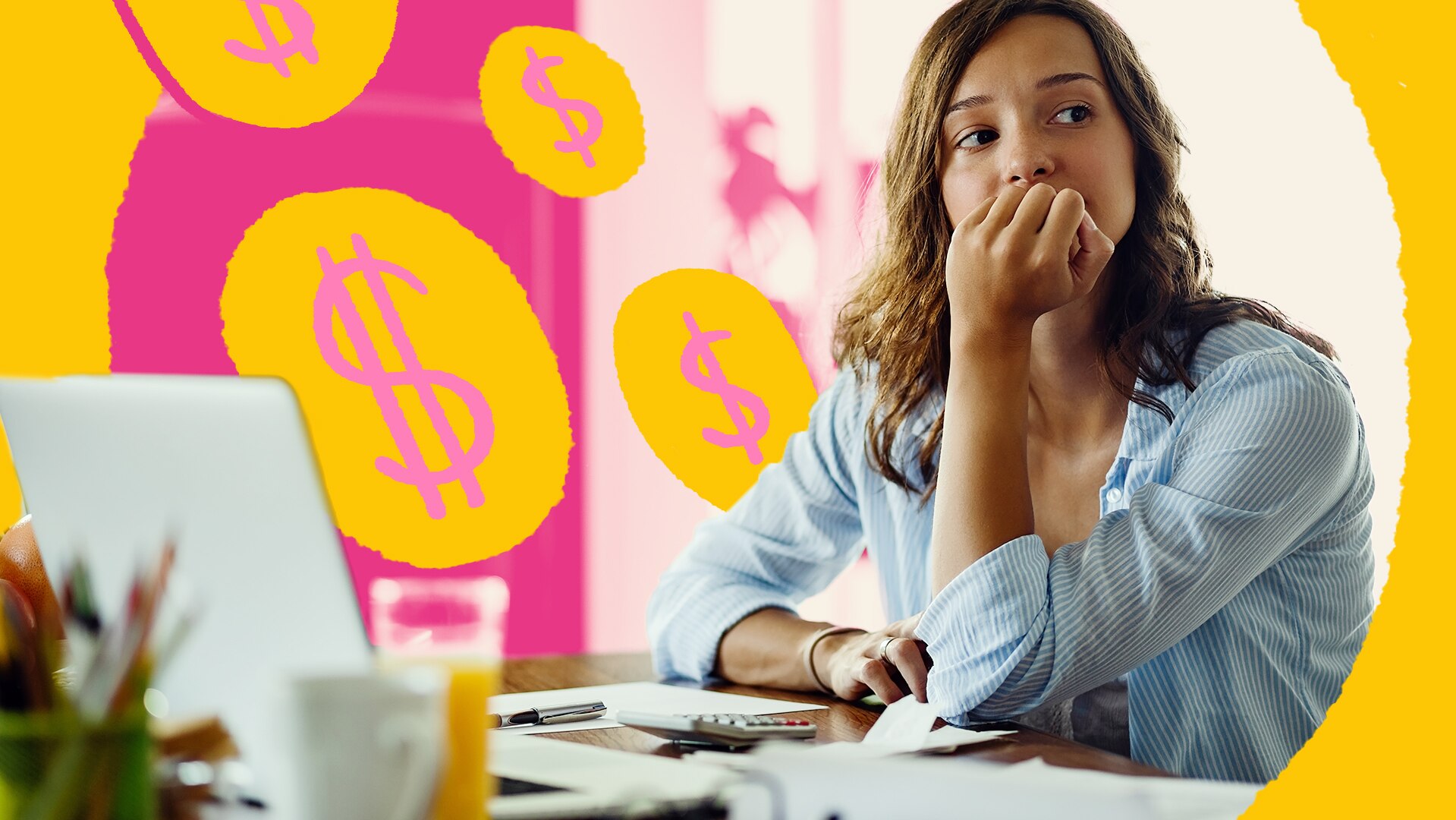A concerned woman sits at table with a notebook. The background is illustrated with money symbols.