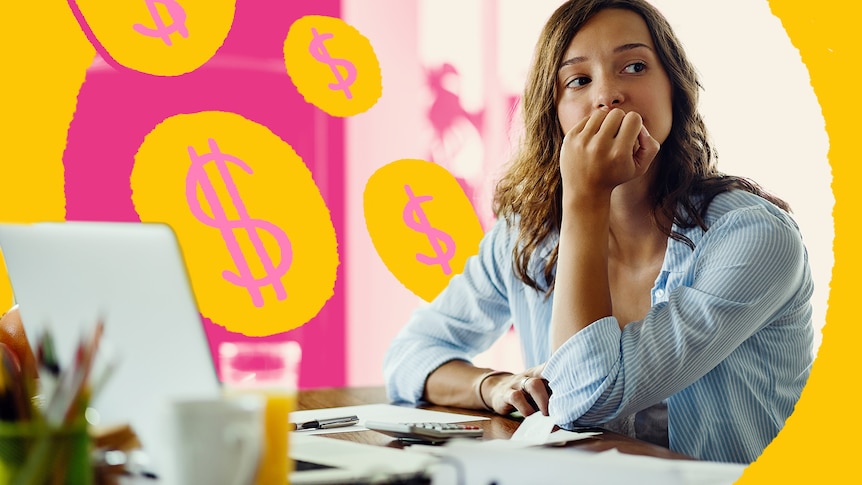 A concerned woman sits at table with a notebook. The background is illustrated with money symbols.