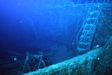 A ladder leading up onto the forecastle deck of the SS Gairsoppa shipwreck, approximately 4,700 metres under water.