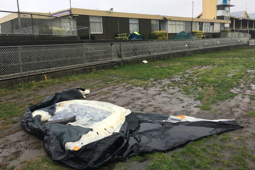 Flattened homeless tent at Hobart showground